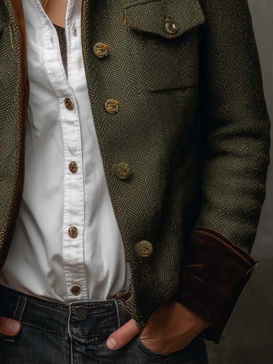 Vintage Herringbone Tweed Blazer With Velvet Trim - Image 7