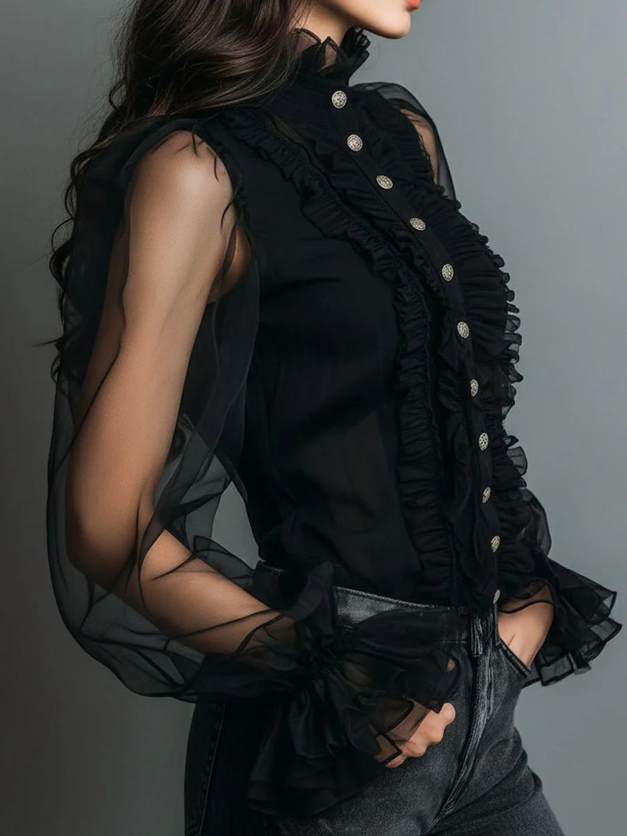 Vintage High Neck Black Sheer Organza Blouse With Ruffle Trim - Image 4