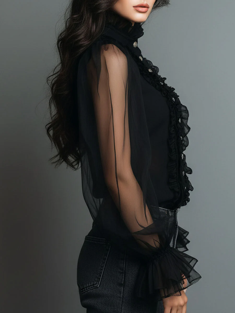 Vintage High Neck Black Sheer Organza Blouse With Ruffle Trim - Image 5