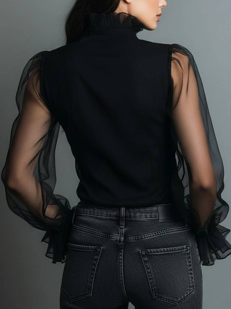 Vintage High Neck Black Sheer Organza Blouse With Ruffle Trim - Image 6