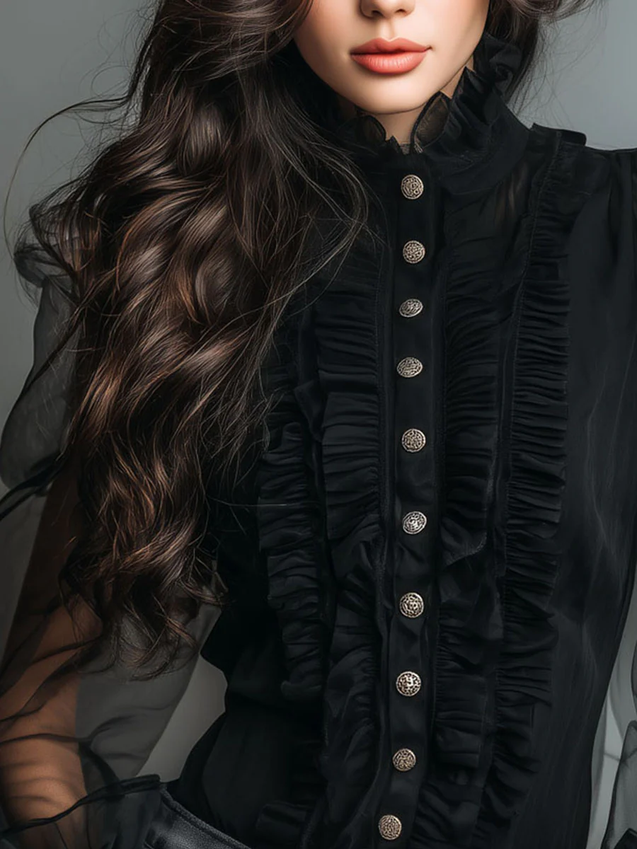 Vintage High Neck Black Sheer Organza Blouse With Ruffle Trim - Image 7