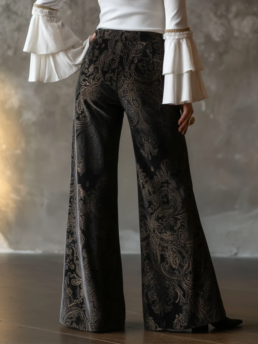 Vintage High-waisted Velveteen Paisley Print Wide-leg Pants - Image 3