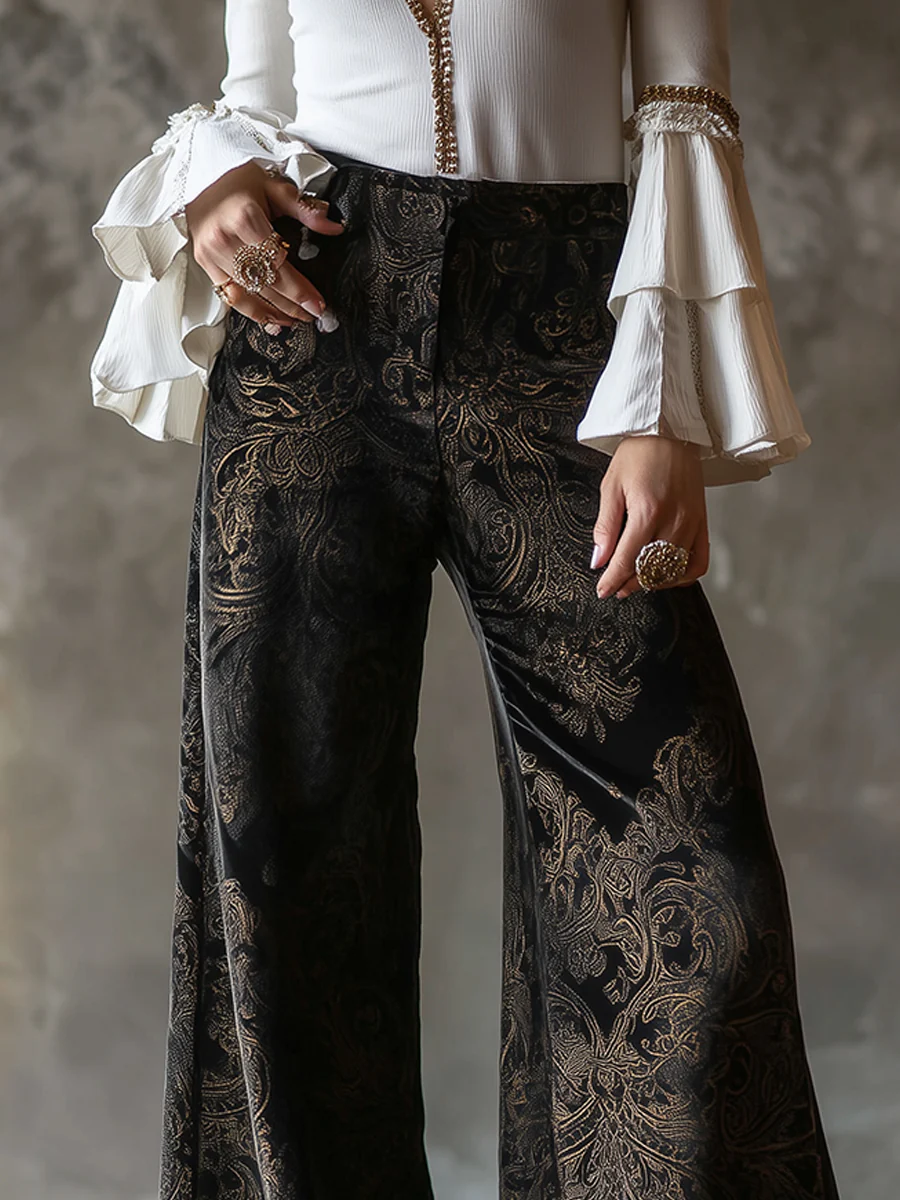 Vintage High-waisted Velveteen Paisley Print Wide-leg Pants - Image 4