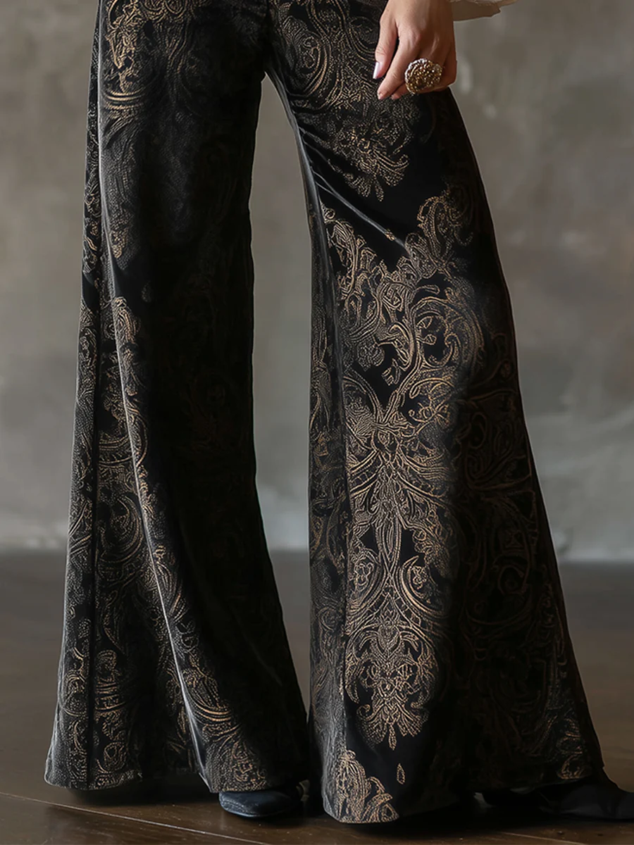 Vintage High-waisted Velveteen Paisley Print Wide-leg Pants - Image 5