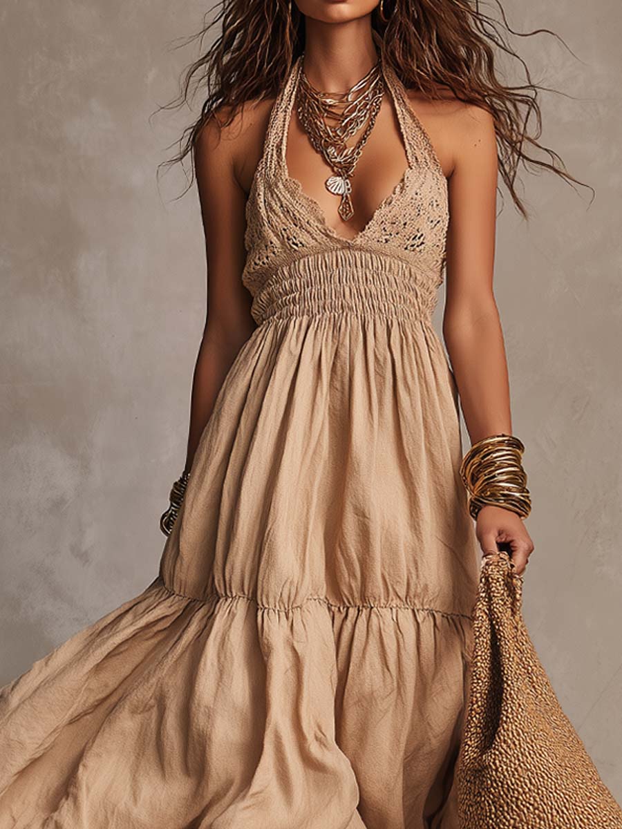 Vintage Lace Halter-Neck Cotton-Linen Maxi Dress - Image 2