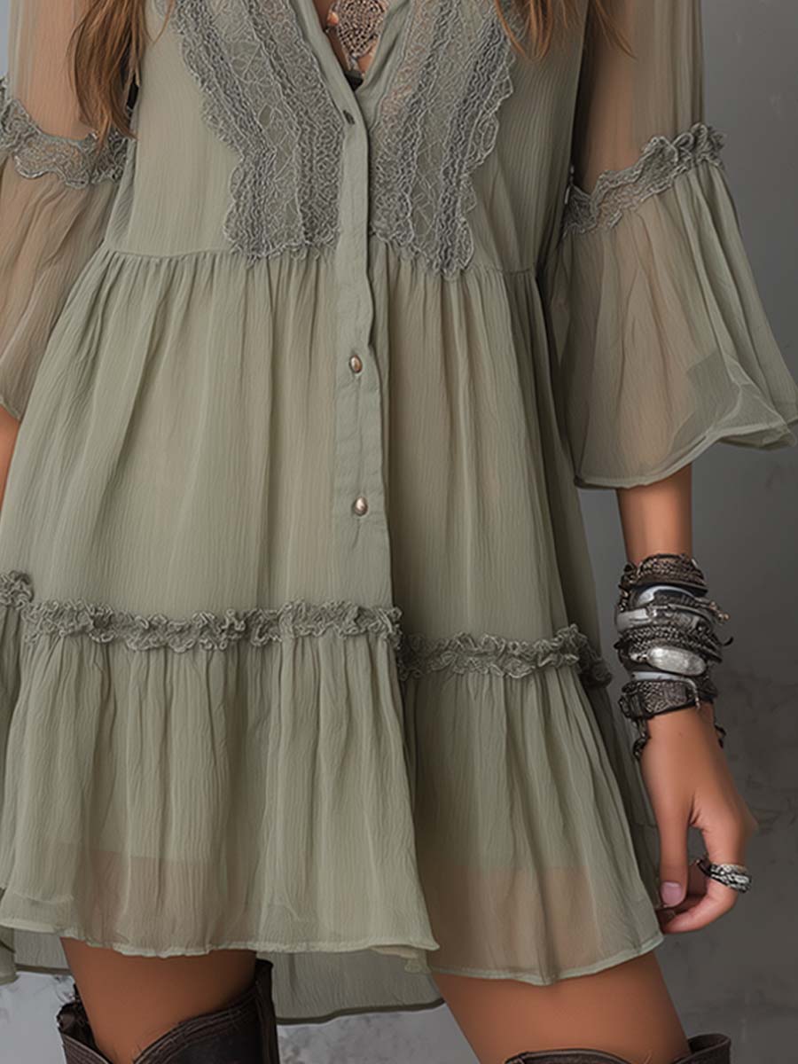 Vintage Lace-Neck Bell Cuffs Pleated Chiffon Mini Dress - Image 2
