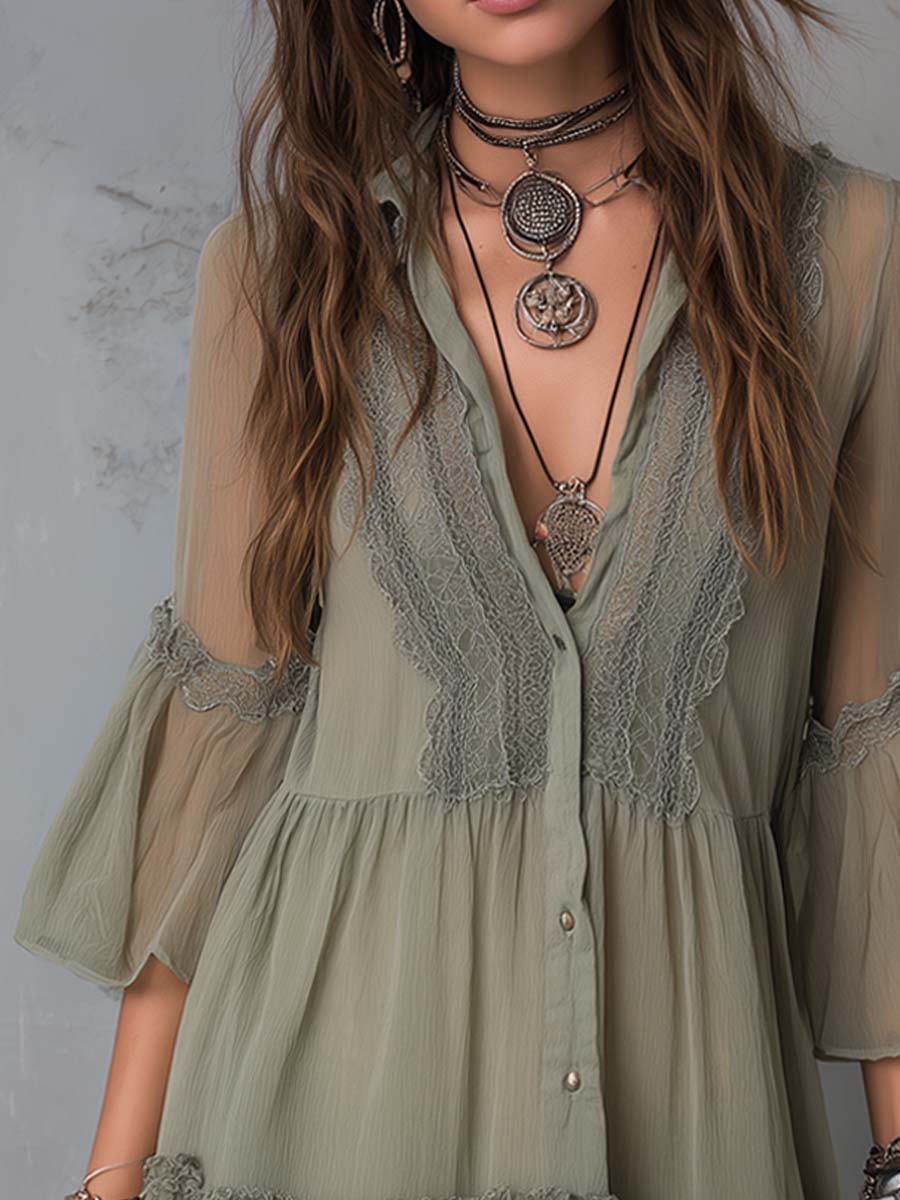 Vintage Lace-Neck Bell Cuffs Pleated Chiffon Mini Dress - Image 3