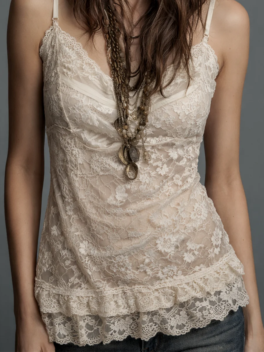 Vintage Lace Suspender Sleeveless Blouse - Image 2