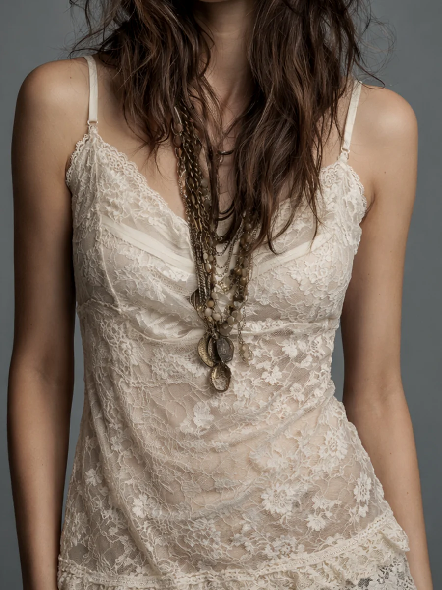 Vintage Lace Suspender Sleeveless Blouse - Image 3