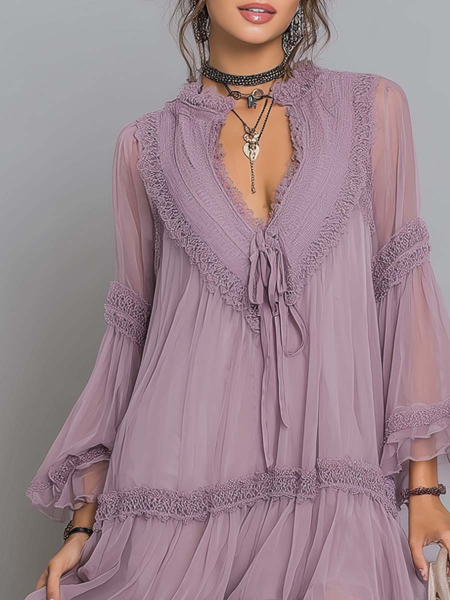 Vintage Lace-Trim Chiffon Mini Dress - Image 2