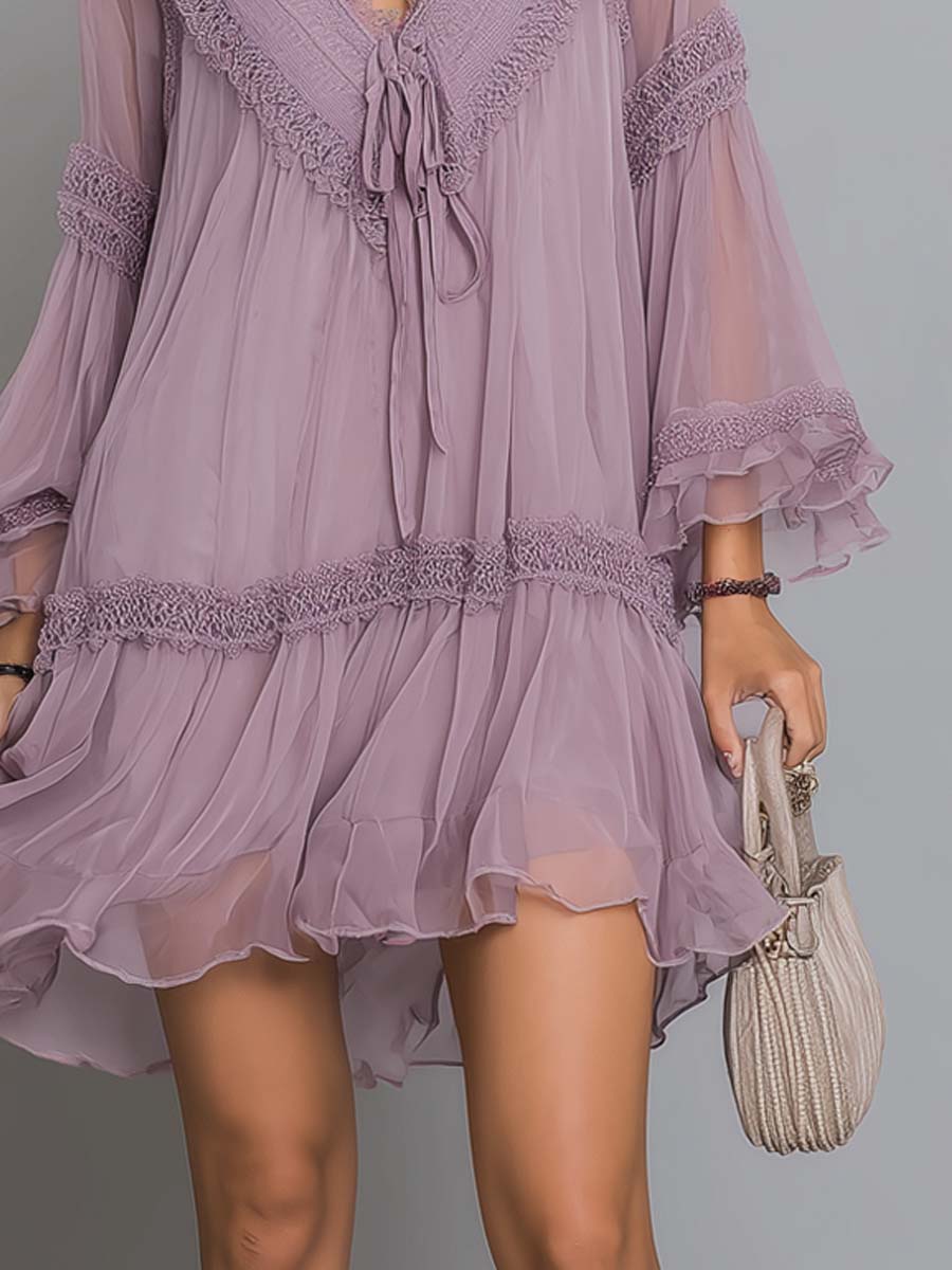 Vintage Lace-Trim Chiffon Mini Dress - Image 3