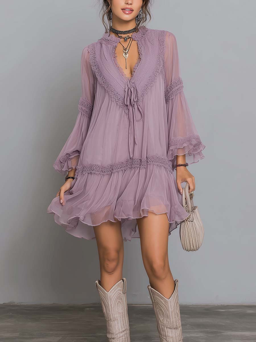 Vintage Lace-Trim Chiffon Mini Dress - Image 4