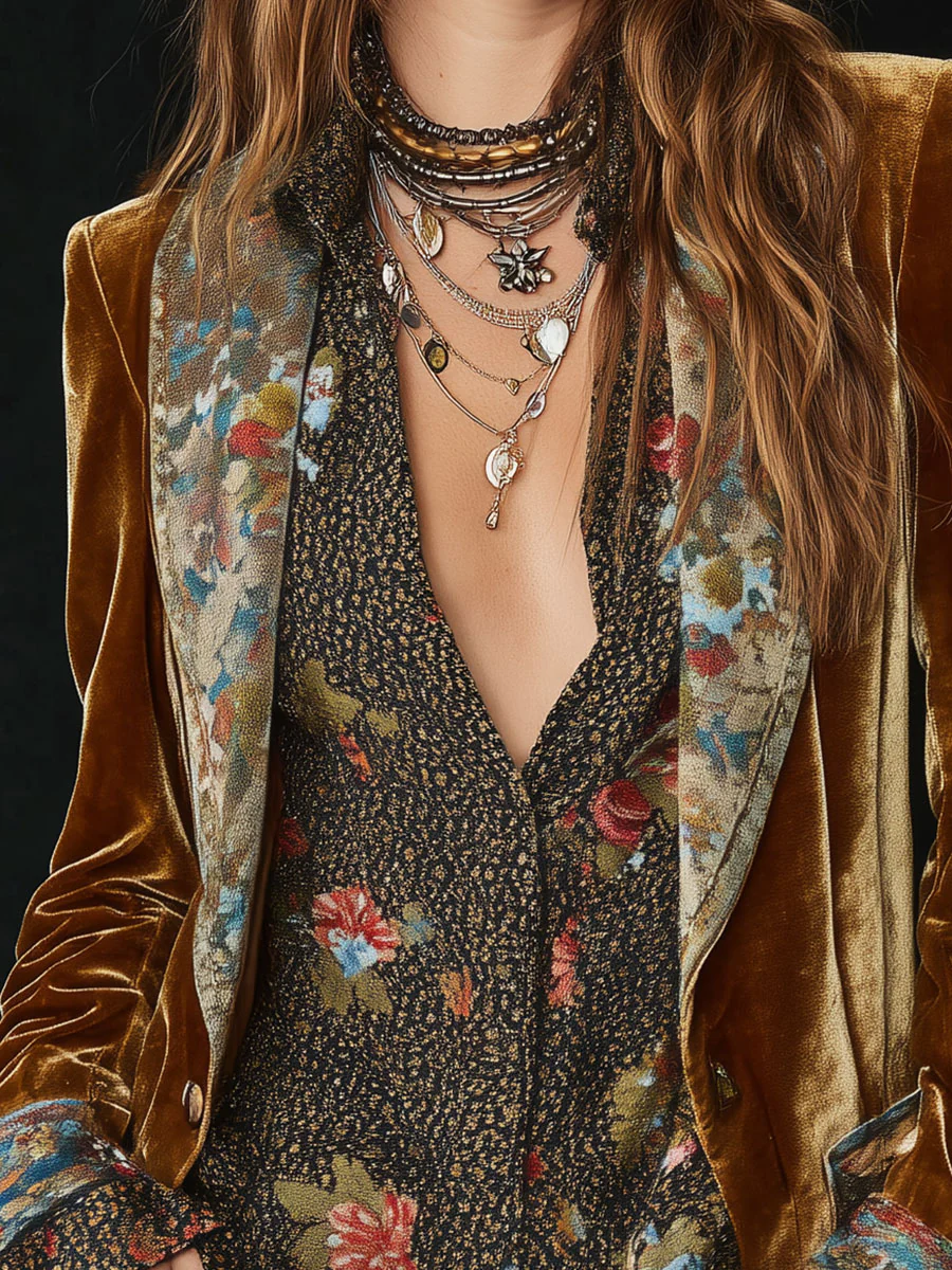 Vintage Lapel Polyester Velvet Floral Print Patchwork Blazer - Image 3