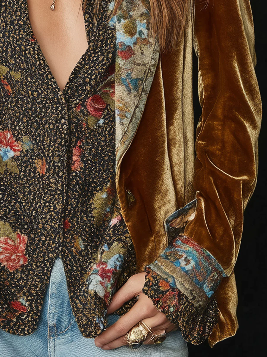 Vintage Lapel Polyester Velvet Floral Print Patchwork Blazer - Image 4