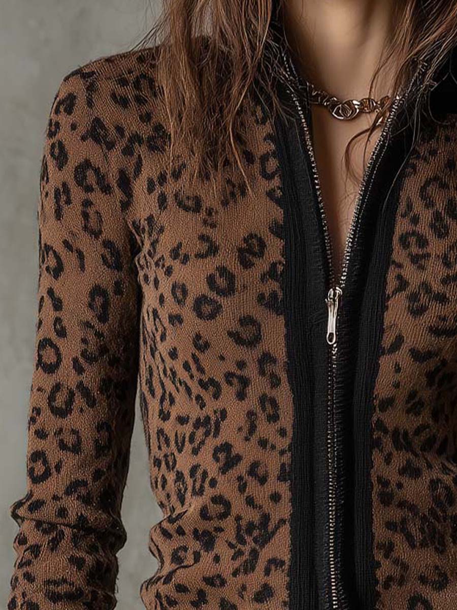 Vintage Leopard Print Slim Fit Zip Cardigan - Image 3