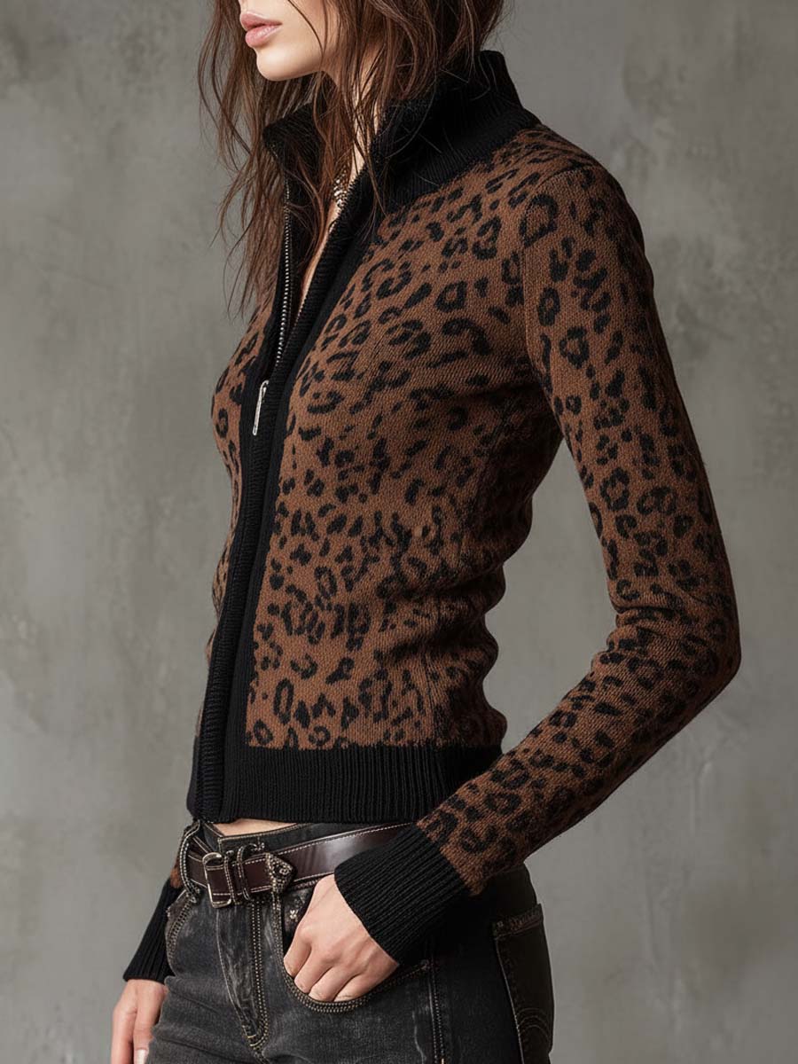Vintage Leopard Print Slim Fit Zip Cardigan - Image 6