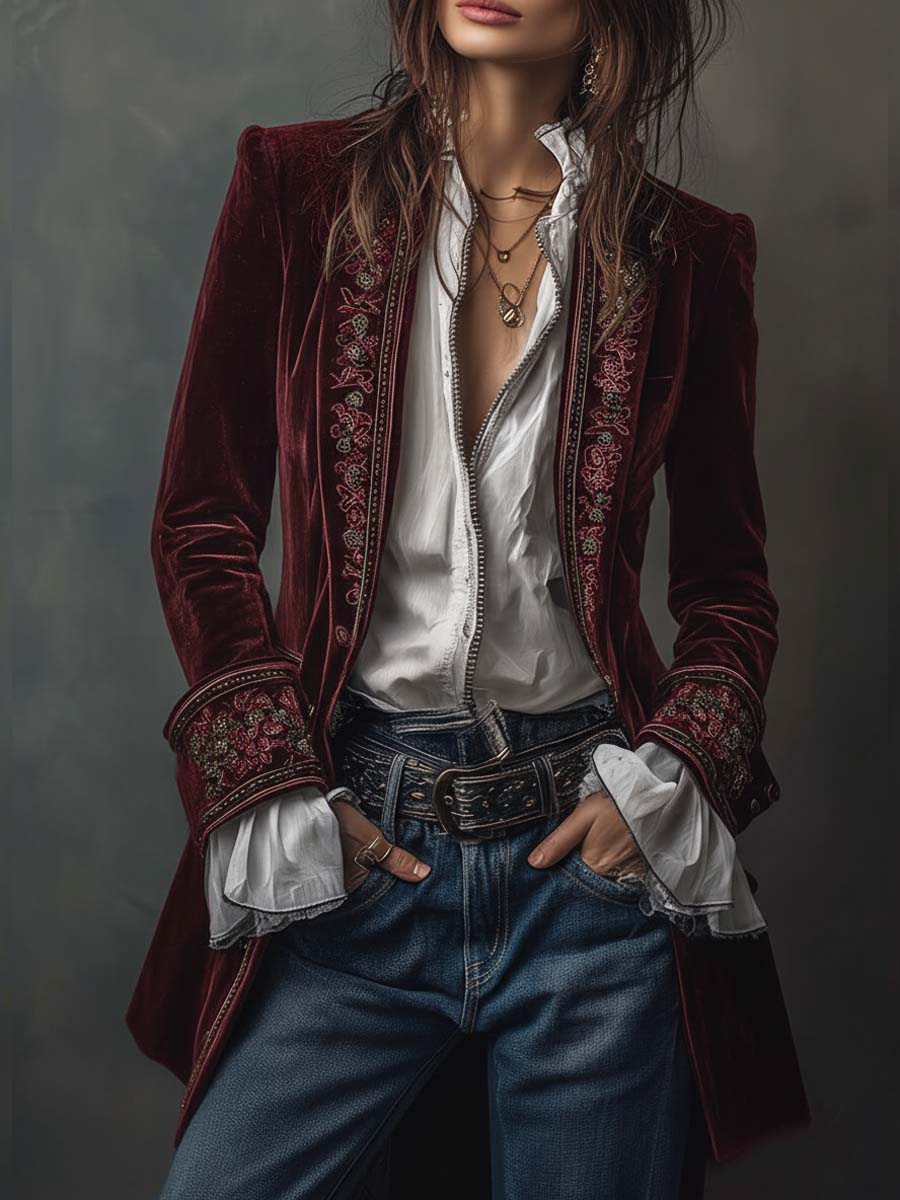 Vintage Navy Polyester Velvet Embroidered Long Jacket - Image 11