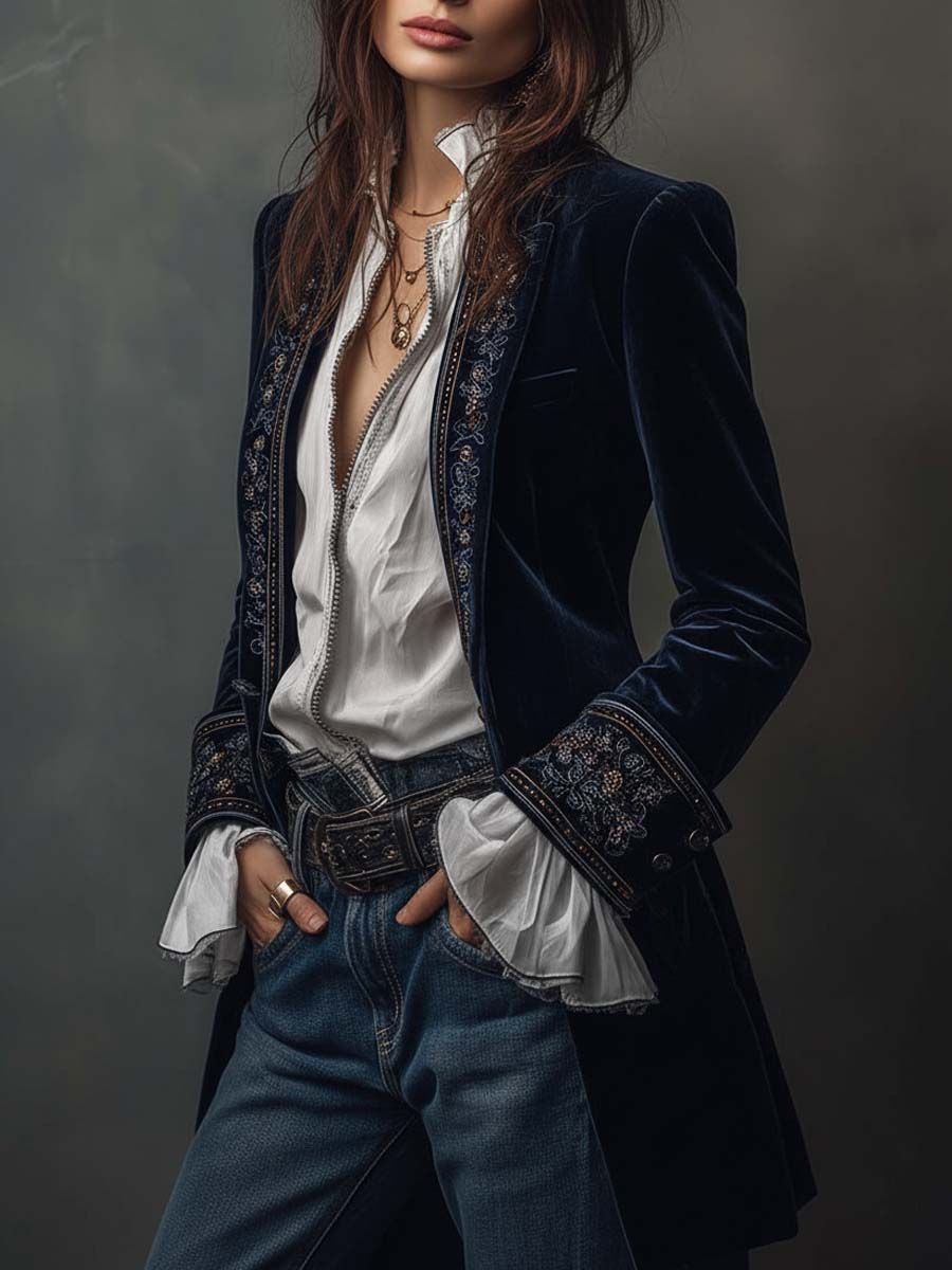 Vintage Navy Polyester Velvet Embroidered Long Jacket - Image 3