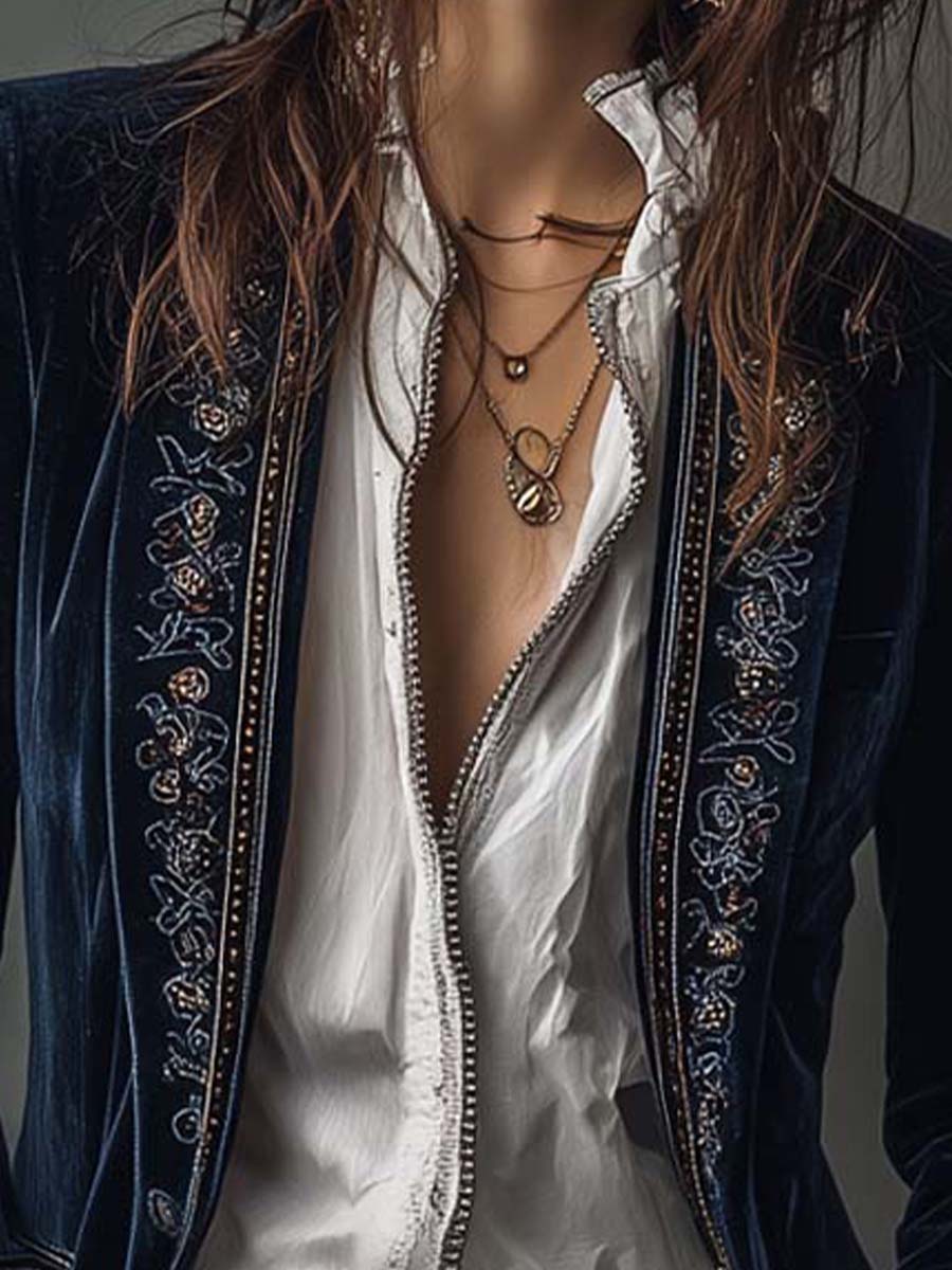 Vintage Navy Polyester Velvet Embroidered Long Jacket - Image 5