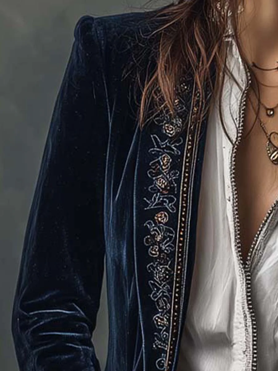 Vintage Navy Polyester Velvet Embroidered Long Jacket - Image 6