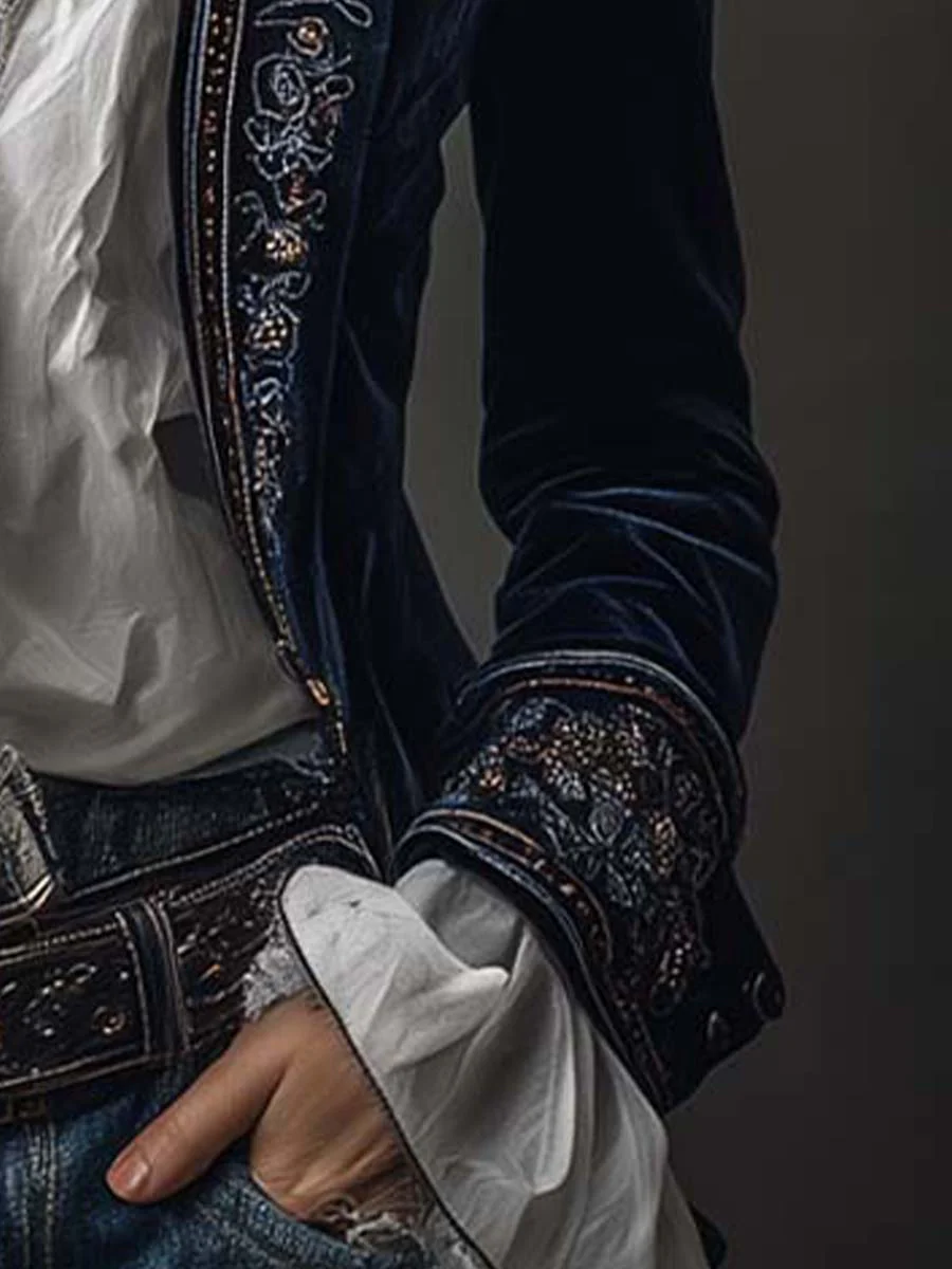 Vintage Navy Polyester Velvet Embroidered Long Jacket - Image 8