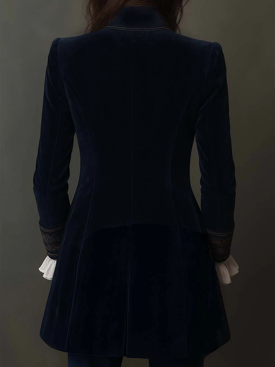 Vintage Navy Polyester Velvet Embroidered Long Jacket - Image 9