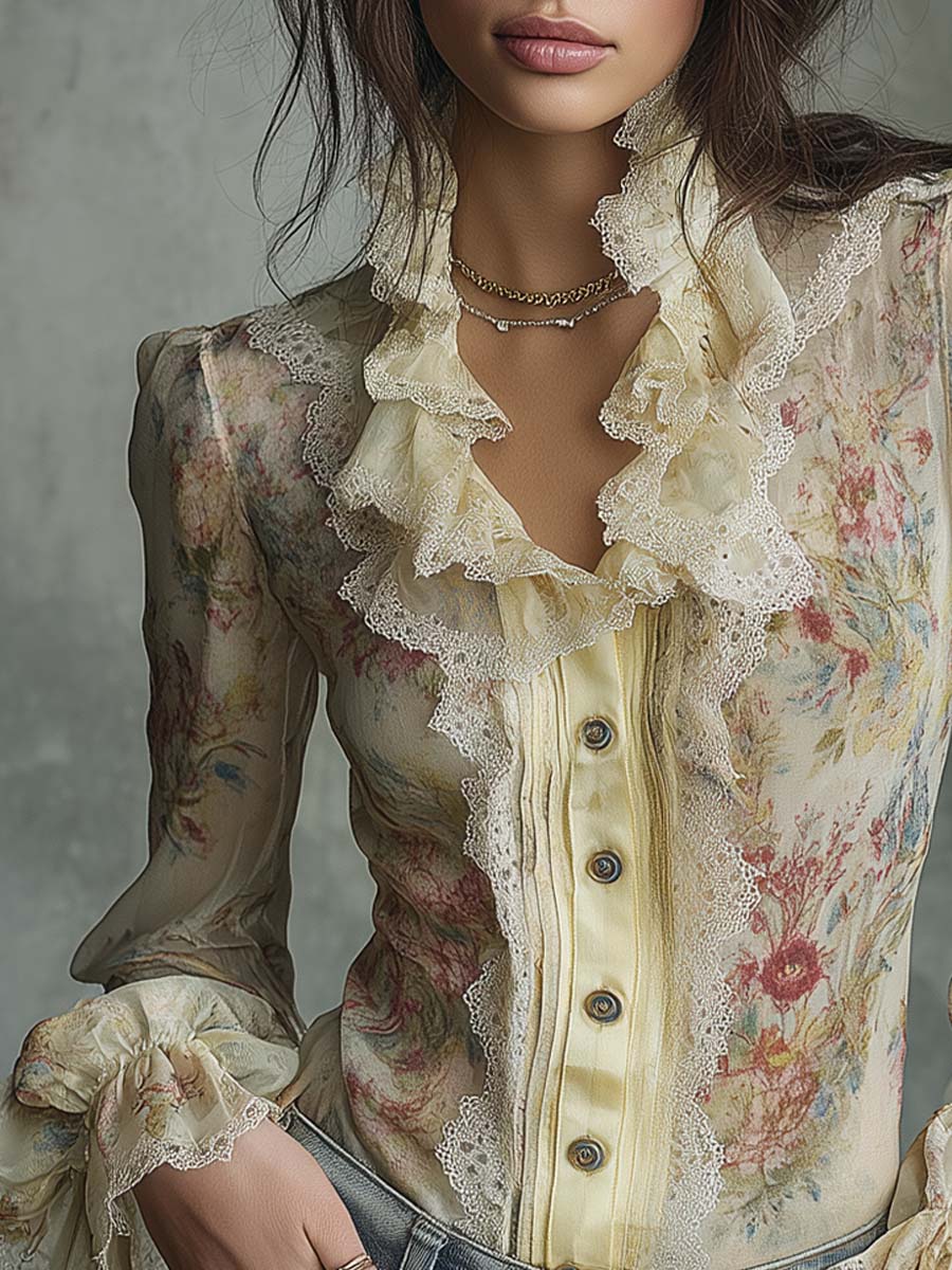 Vintage Oil Painting Lace And Floral Chiffon Blouse - Image 3