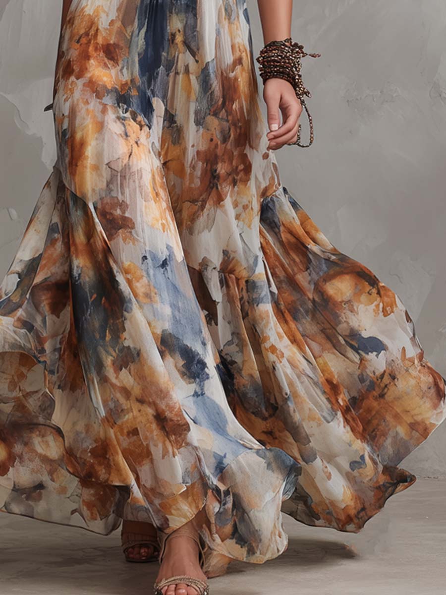 Vintage Oil Painting Style Halter-Neck Chiffon Maxi Dress - Image 3