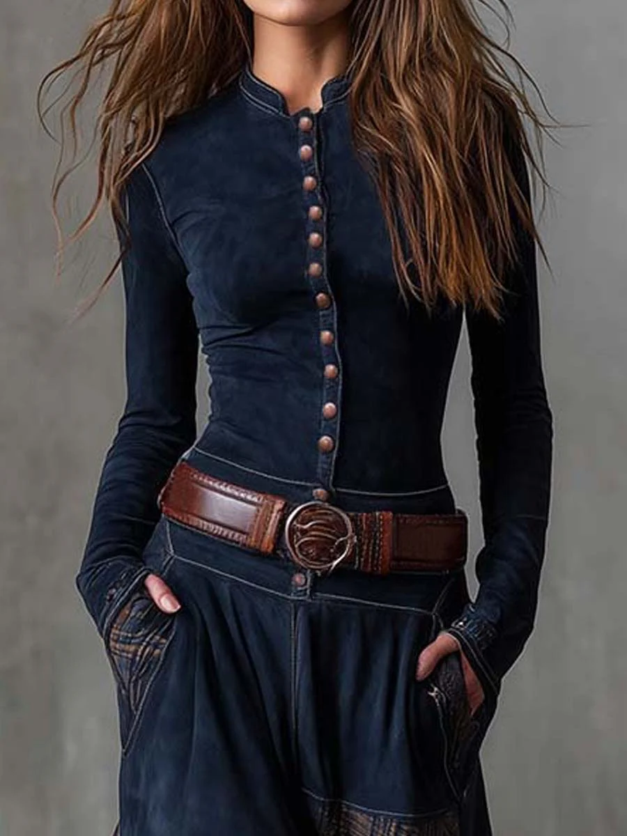 Vintage Patchwork Suede Maxi Dress With Plaid Panels - Image 3