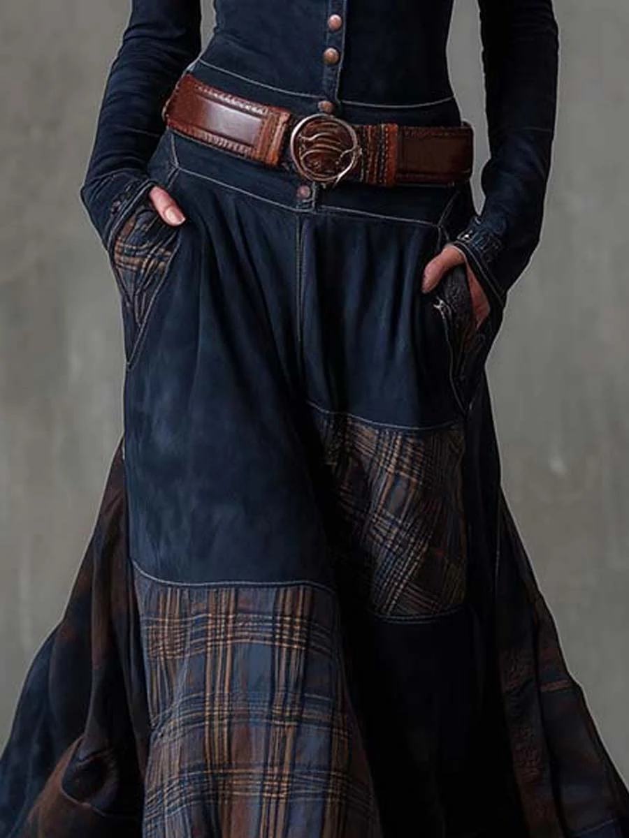 Vintage Patchwork Suede Maxi Dress With Plaid Panels - Image 4