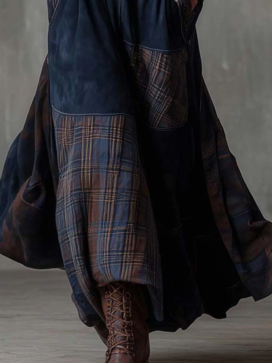 Vintage Patchwork Suede Maxi Dress With Plaid Panels - Image 5
