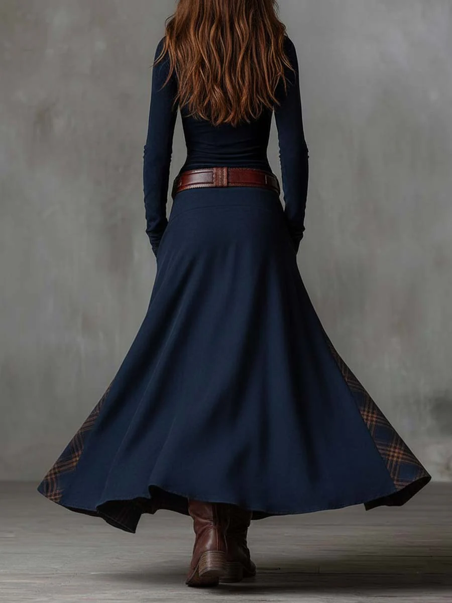Vintage Patchwork Suede Maxi Dress With Plaid Panels - Image 6