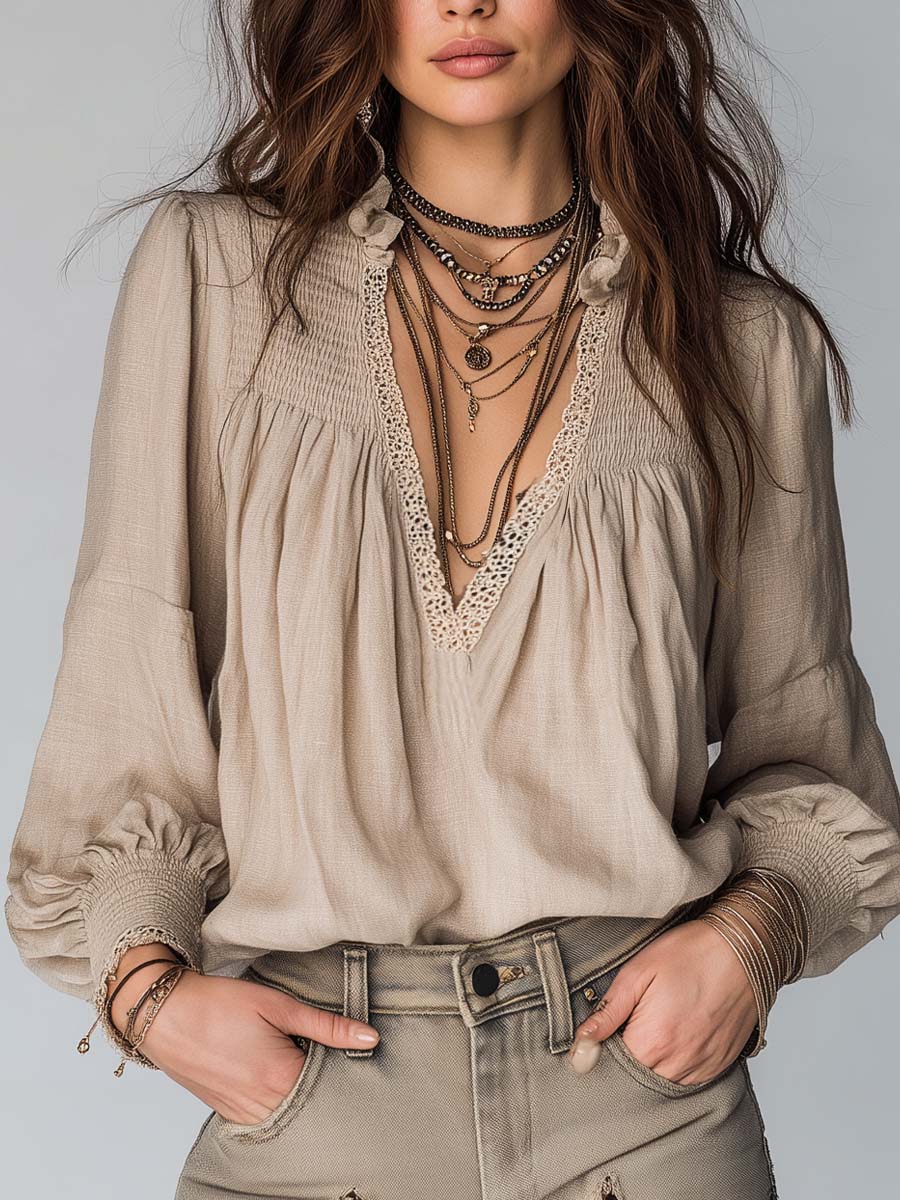 Vintage Pleated Collar Lace Trim Cotton Linen Blouse