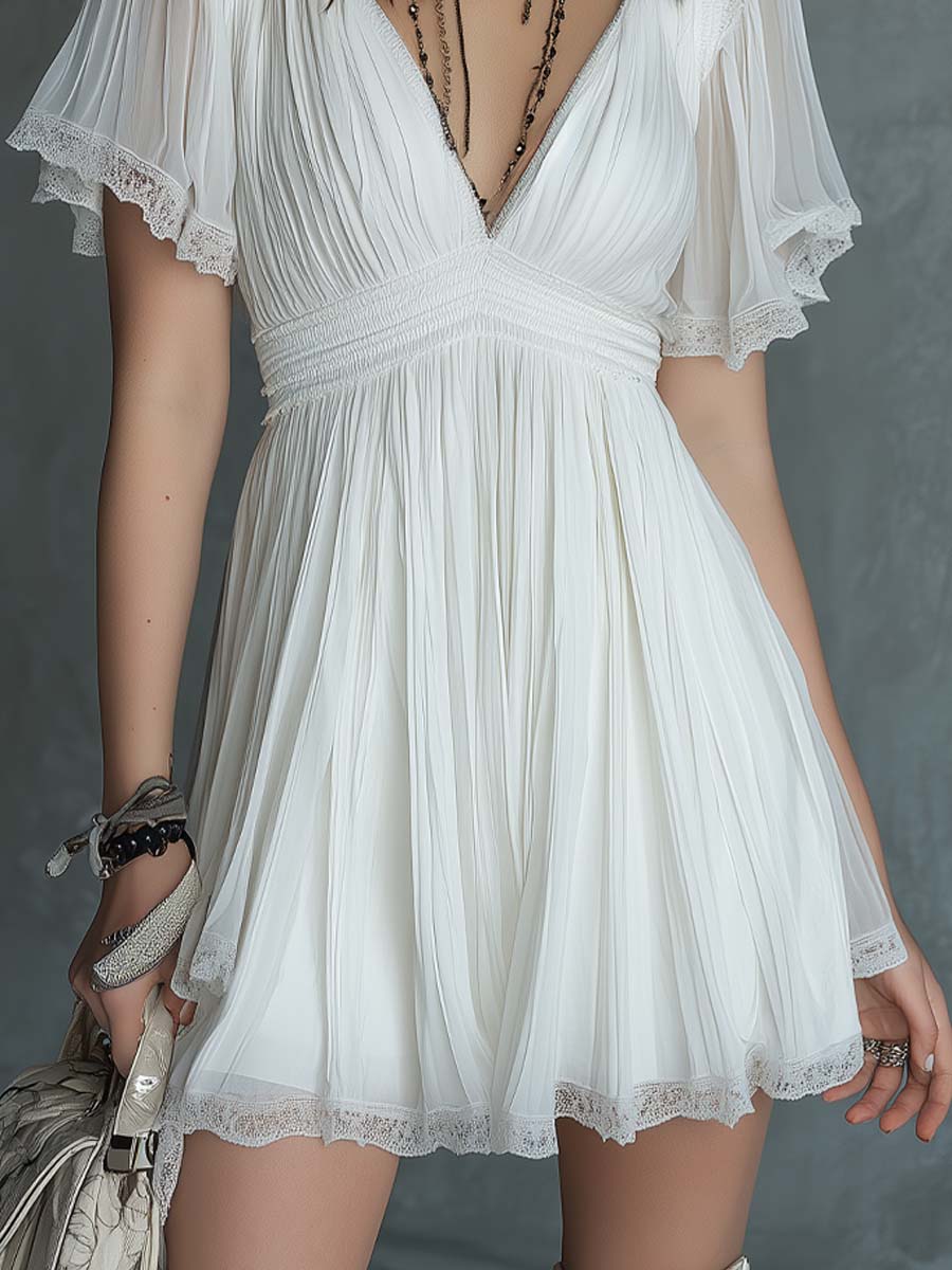 Vintage Pleated Lace Trim White Chiffon Mini Dress - Image 3