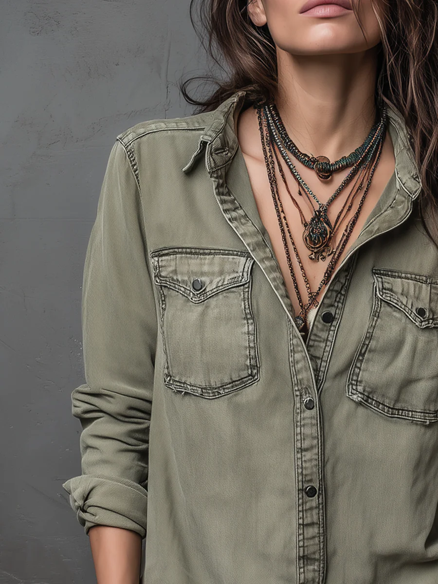 Vintage Pockets Long Sleeve Washed Blouse - Image 3