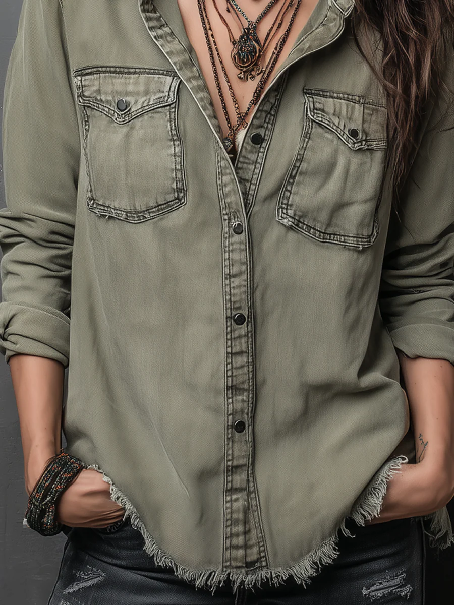 Vintage Pockets Long Sleeve Washed Blouse - Image 4