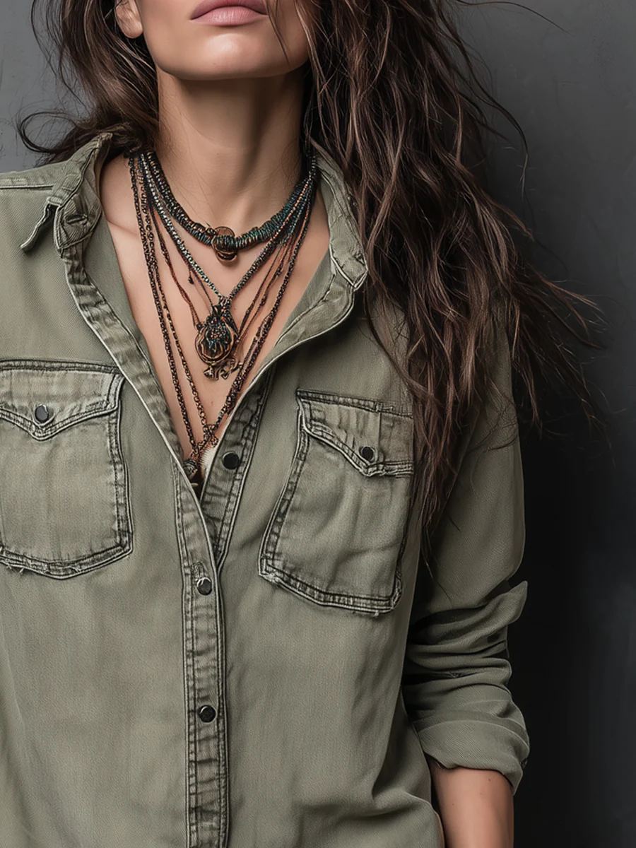 Vintage Pockets Long Sleeve Washed Blouse - Image 5