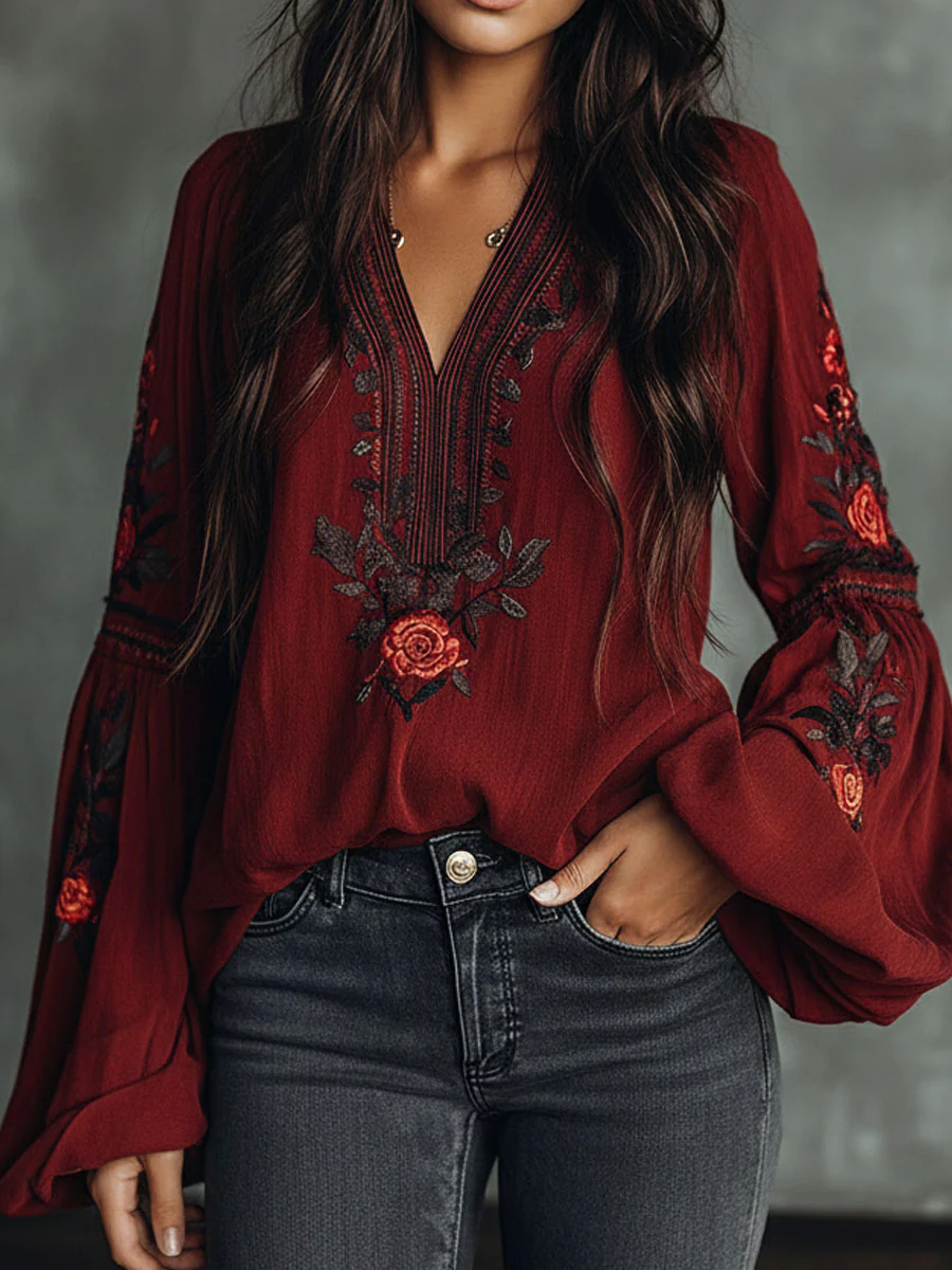 Vintage Red Embroidered Lantern Sleeve Boho Blouse - Image 2