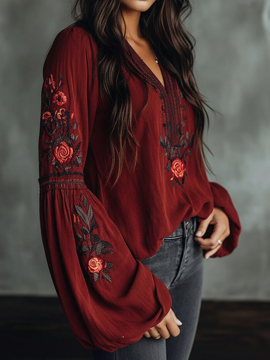 Vintage Red Embroidered Lantern Sleeve Boho Blouse - Image 3
