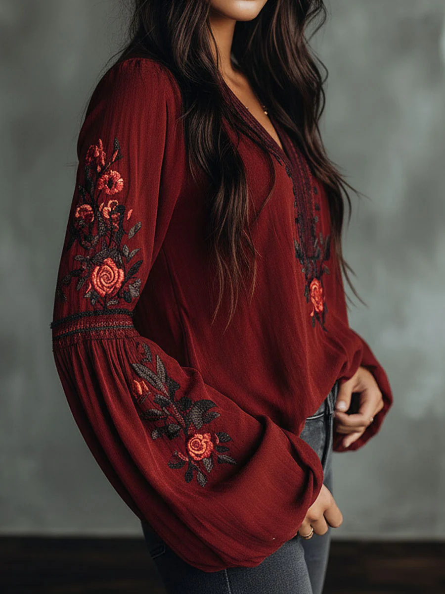 Vintage Red Embroidered Lantern Sleeve Boho Blouse - Image 4