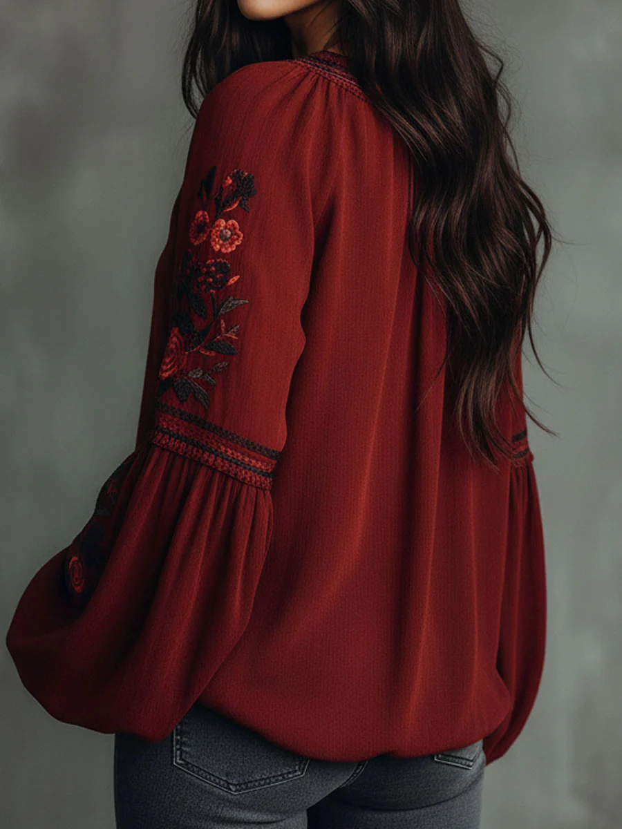 Vintage Red Embroidered Lantern Sleeve Boho Blouse - Image 5