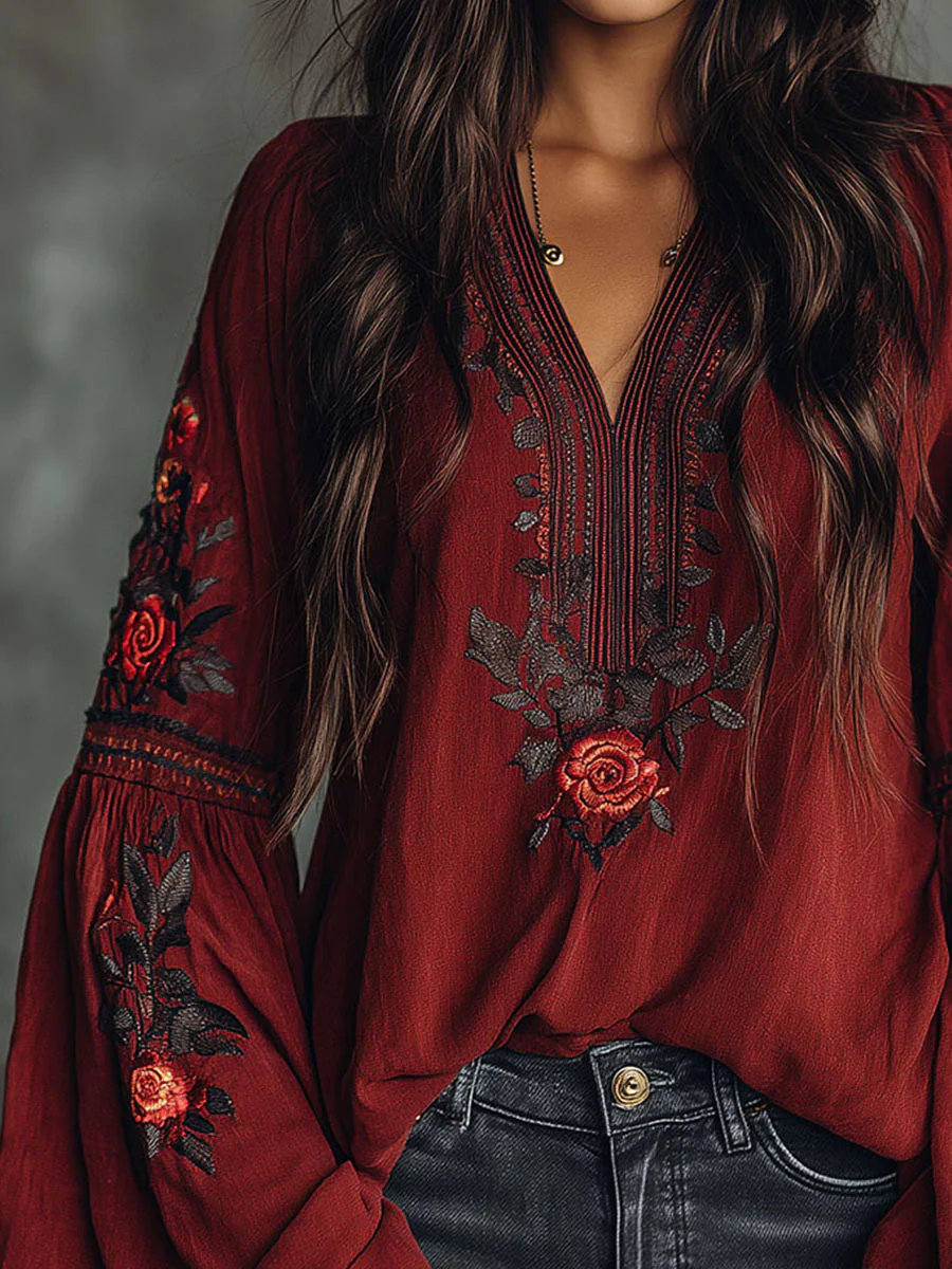 Vintage Red Embroidered Lantern Sleeve Boho Blouse - Image 6