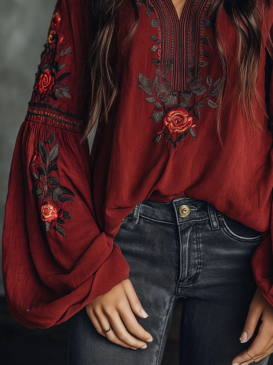 Vintage Red Embroidered Lantern Sleeve Boho Blouse - Image 7