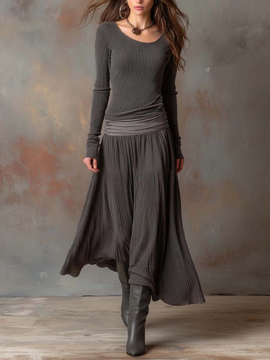 Vintage Ribbed Knit Maxi Dress In Charcoal Gray - Image 3