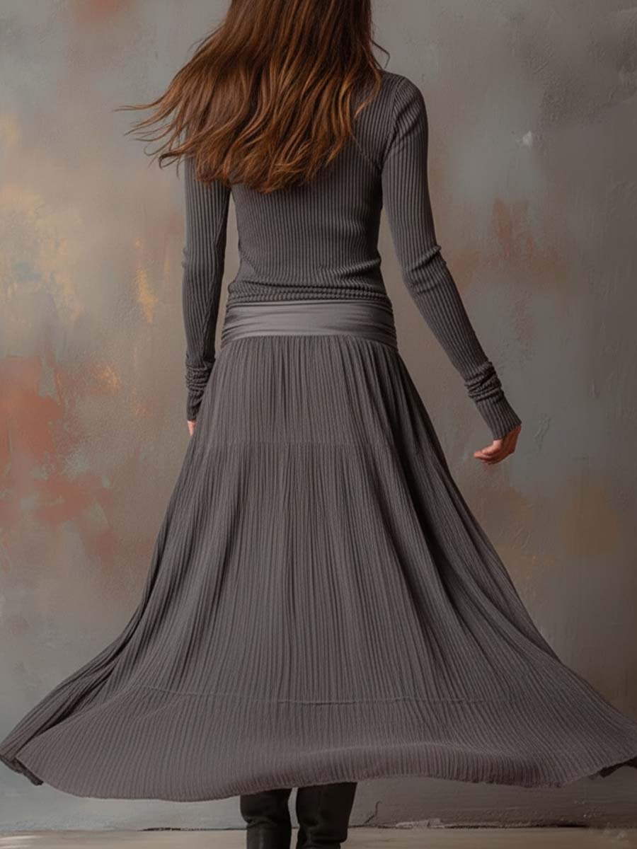 Vintage Ribbed Knit Maxi Dress In Charcoal Gray - Image 9