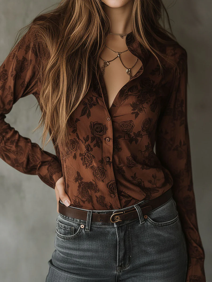 Vintage Rose Pattern Brown Button-Down Shirt - Image 2