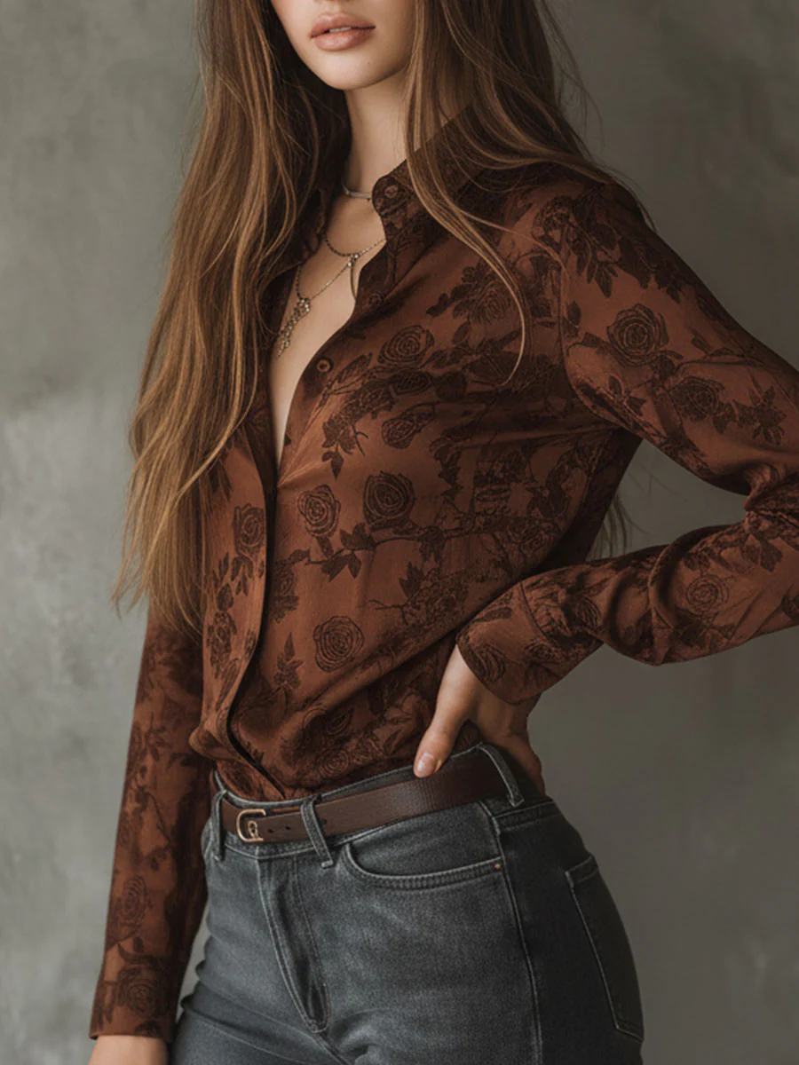 Vintage Rose Pattern Brown Button-Down Shirt - Image 3