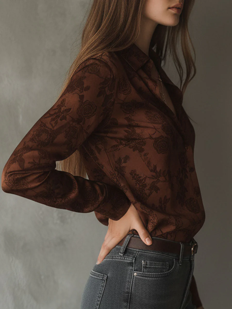 Vintage Rose Pattern Brown Button-Down Shirt - Image 4