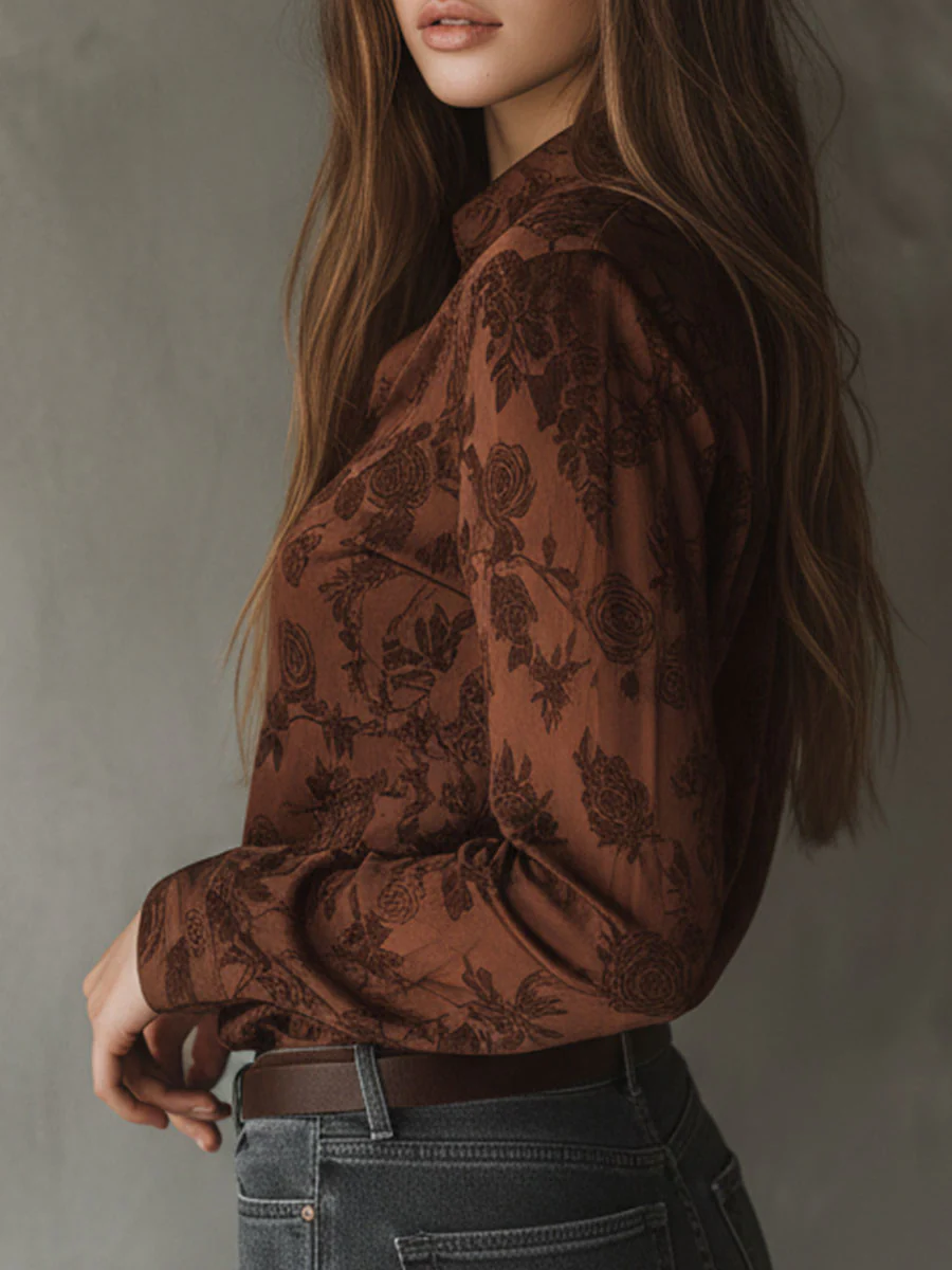 Vintage Rose Pattern Brown Button-Down Shirt - Image 5