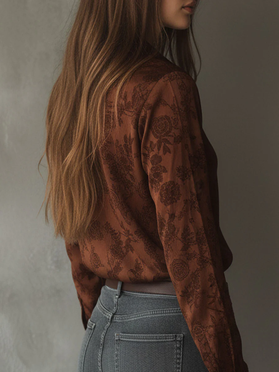 Vintage Rose Pattern Brown Button-Down Shirt - Image 6